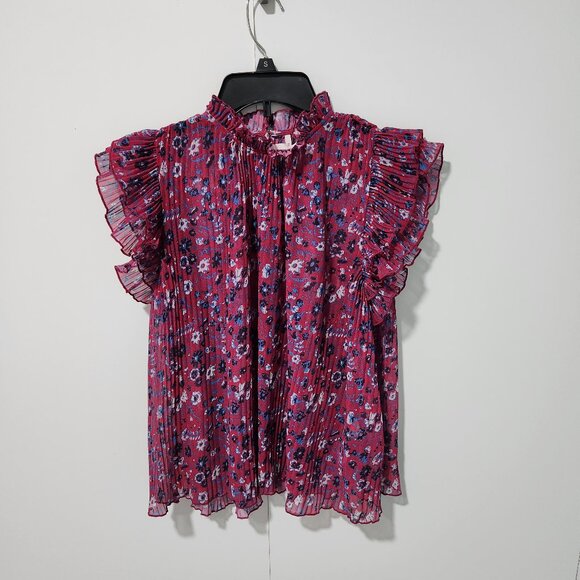 Anthropologie Tops - Anthropologie Frieda Sheer Pleated Short Sleeve Pink with Floral Blouse- Small